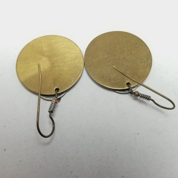 Vintage Layered Metallic Disc Dangle Earrings, Gold Tone Boho Minimal Style - Picture 3 of 6
